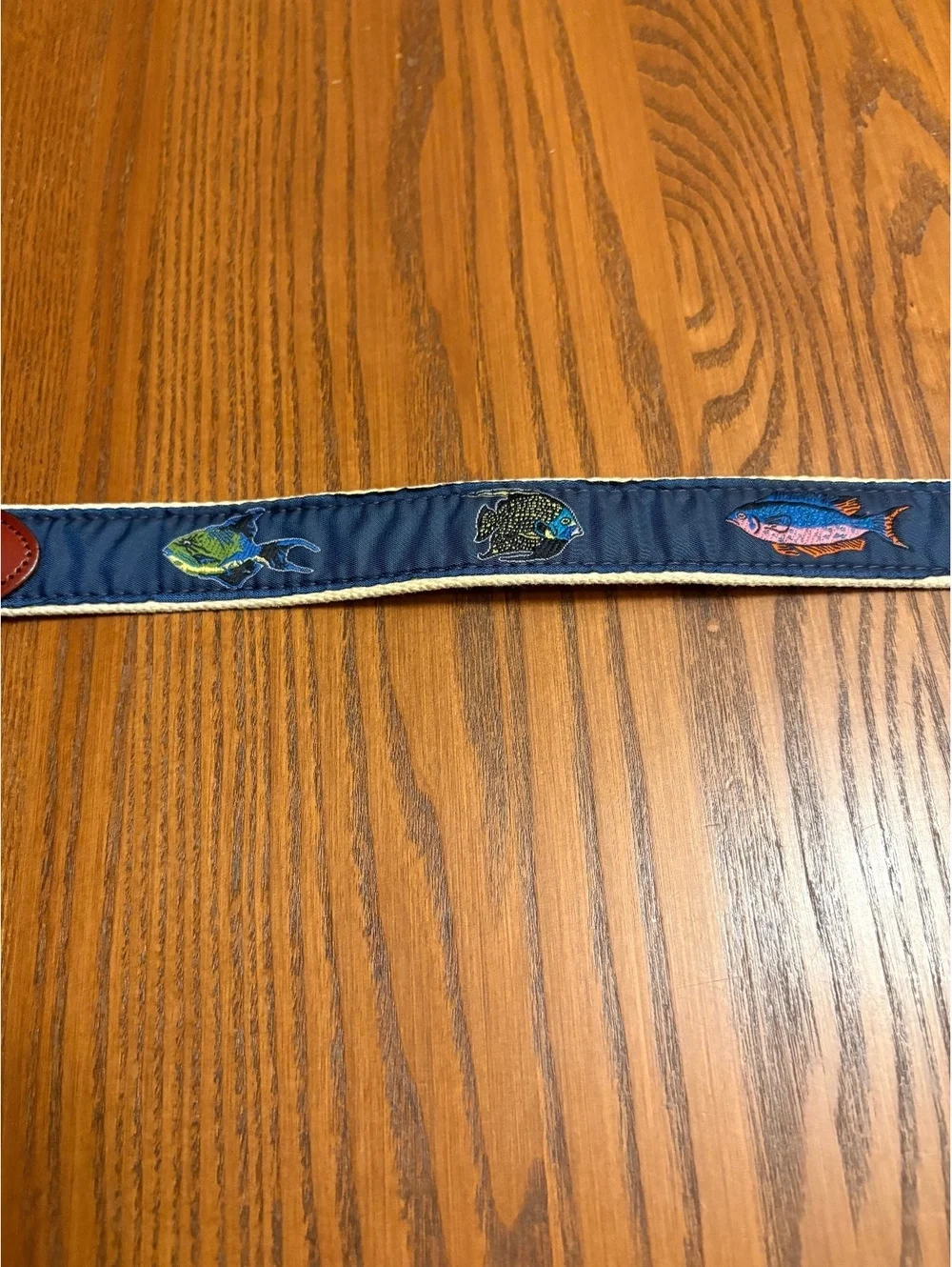 Vintage Tropical Fish Embroidered Ribbon Belt - Navy Solid Brass Buckle Size 36